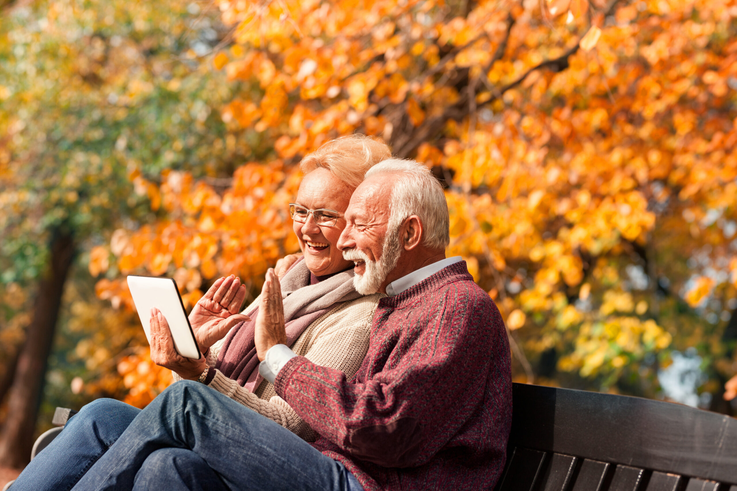 Fall-activities-for-seniors-Couple-on-a-bench-true-connection-communities